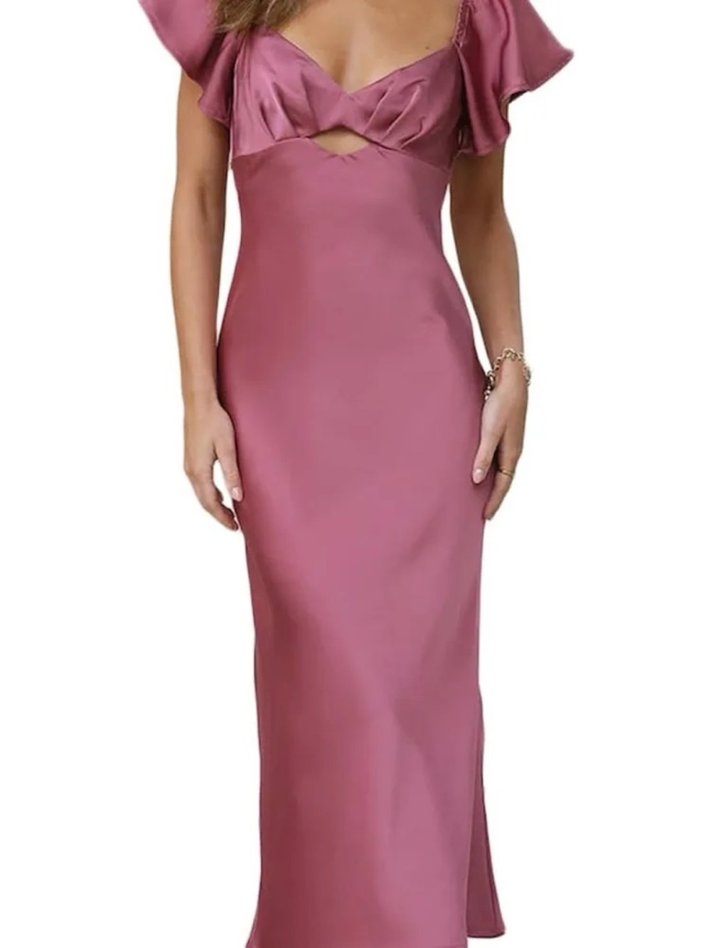 Elegant Mauve Satin Maxi Dress with Flutter Sleeves